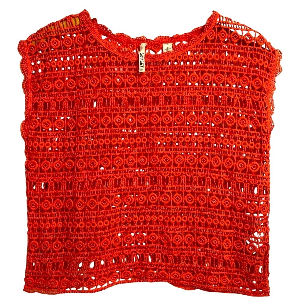 Sunset Rd Orange Crochet Lace Tank Top Geometric Open Knit‎ Cotton Sleeveless M